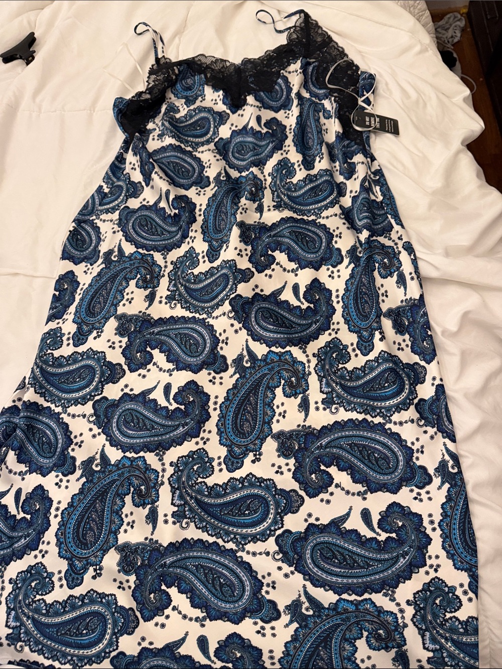 Express Blue Paisley Lace-Trim Midi Slip Dress